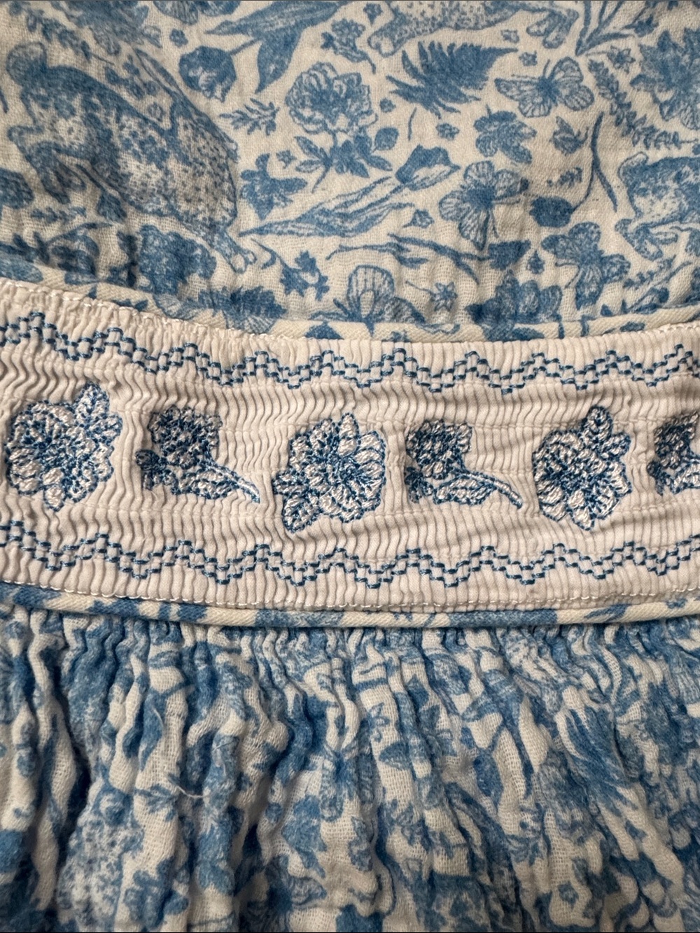 Blue Floral Smocked Waist Girls Dress with rabbit, butterfly and floral pattern - Picture 2 of 5